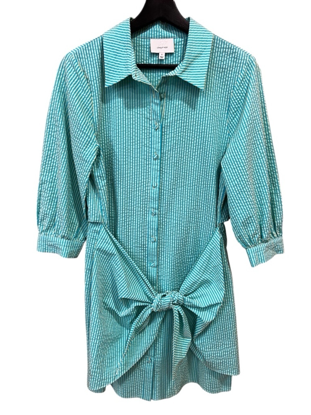 Cinq a Sept Gaby Stripe Seersucker Shirt Dress Green Blue Size 6 Spring Resort